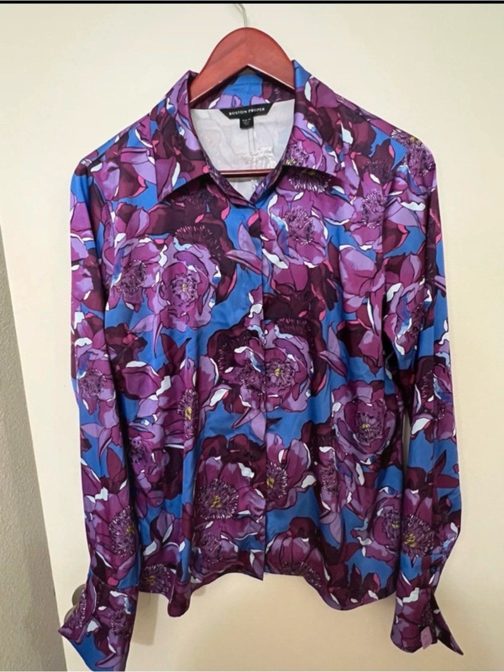 Boston Proper Purple Floral Silk Button-Up Blouse